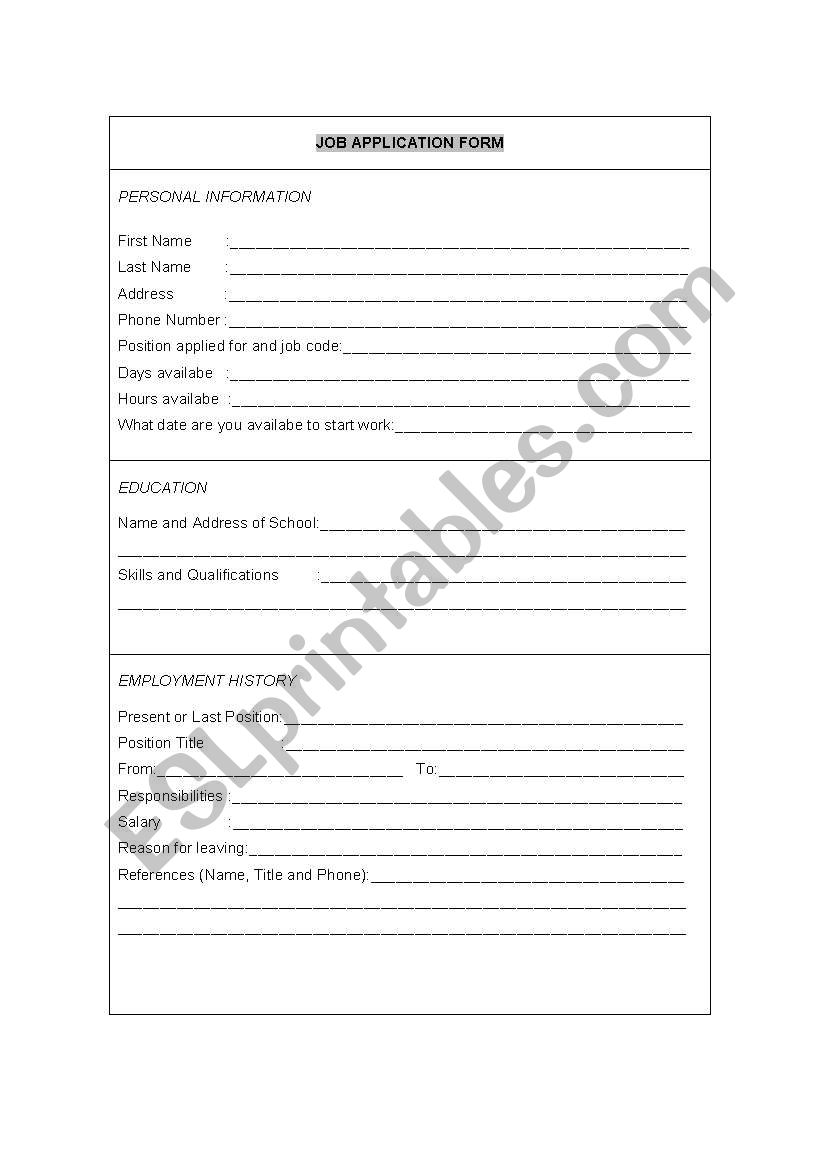 Job Aplication Form worksheet