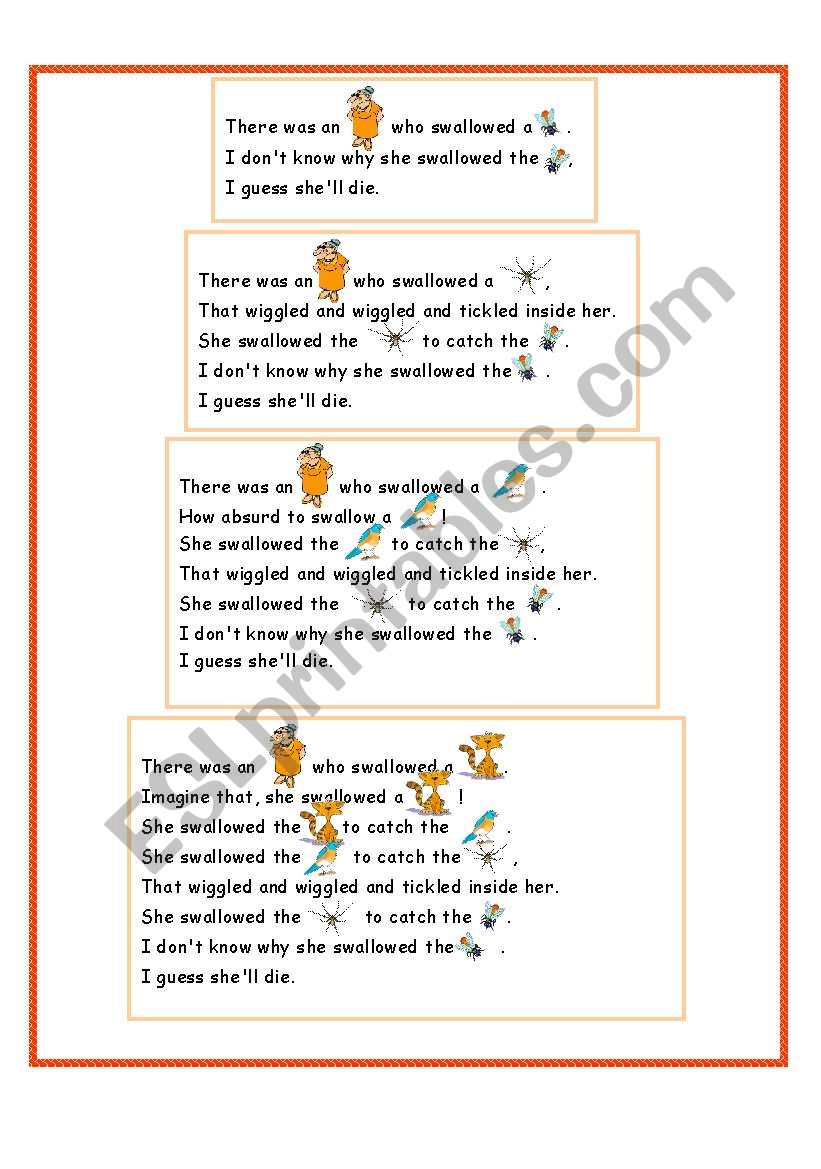 There Was An Old Lady Who Swallowed A Fly Esl Worksheet By Anna P