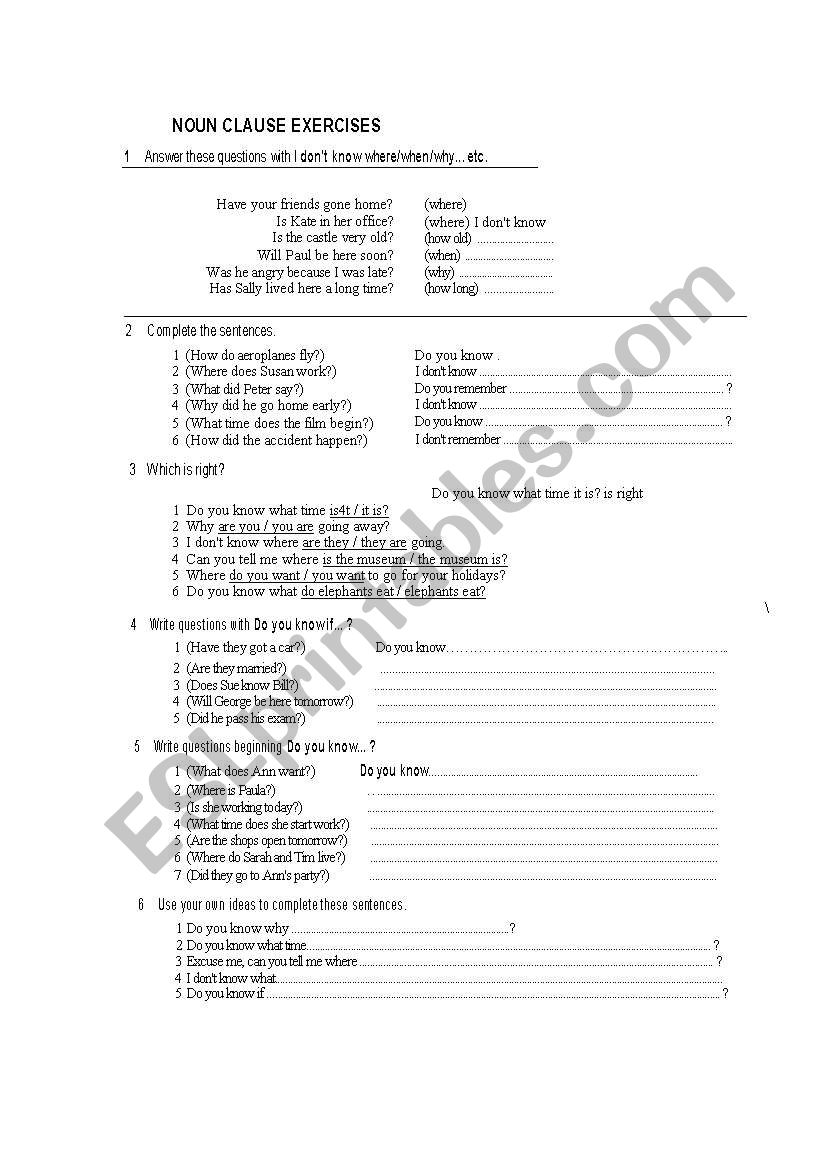 noun clauses worksheet