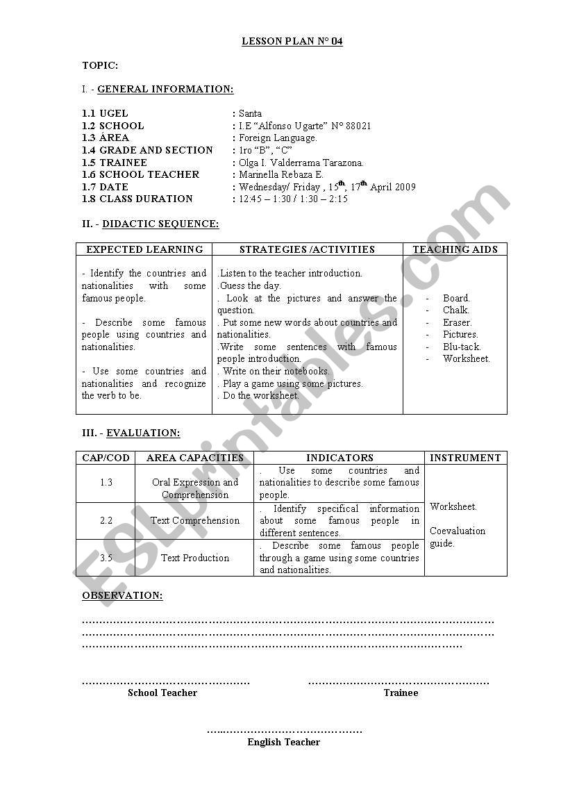 LEESON PLAN worksheet