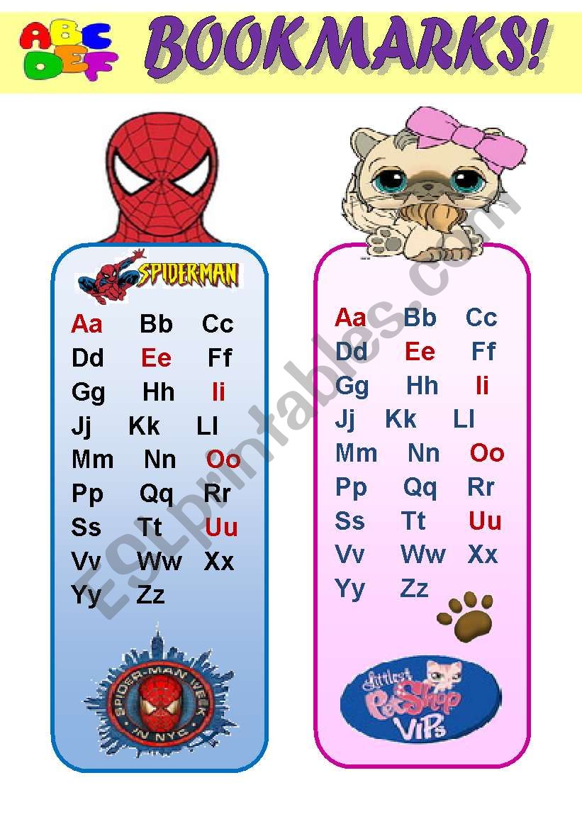 ABC BOOKMARKS FOR BOYS AND GIRLS -  A SET OF 6  FUNNY BOOKMARKS WITH ALPHABET AND CARTOON CHARACTERS! (EDITABLE!!!) 3 pages