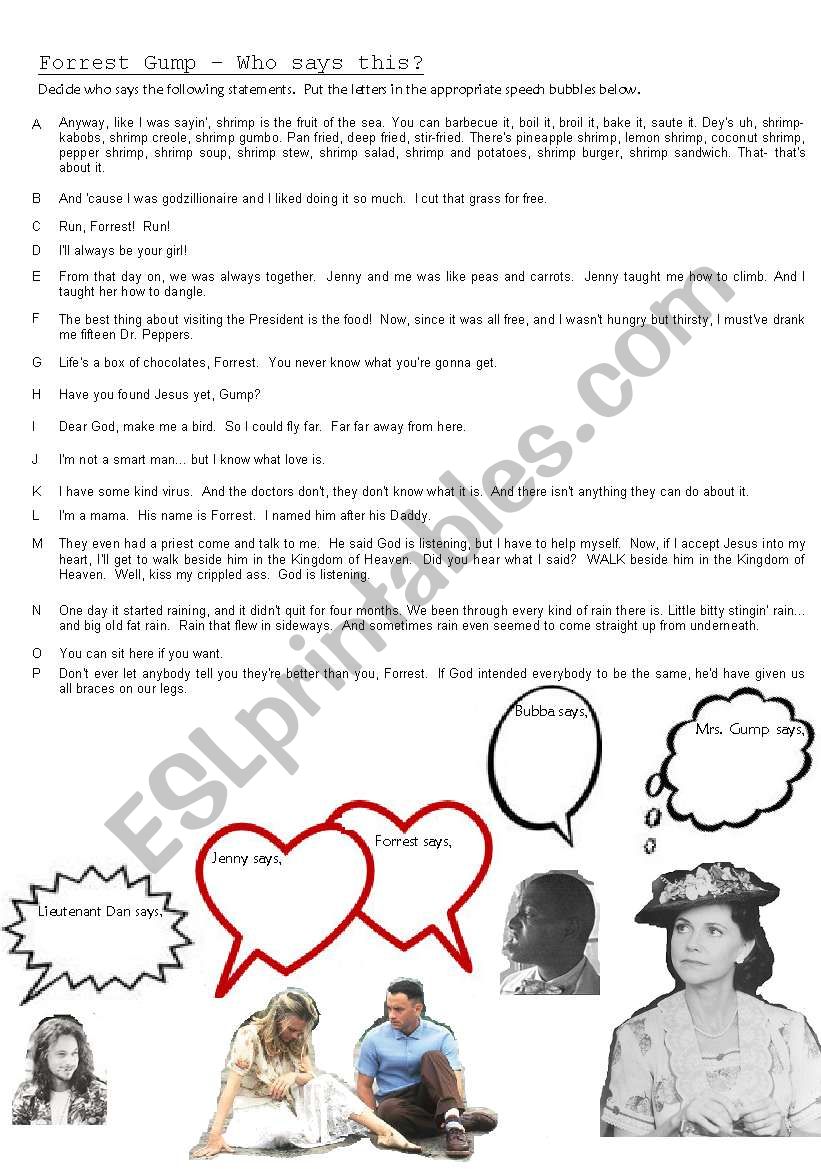 Forrest Gump - Who says this? worksheet