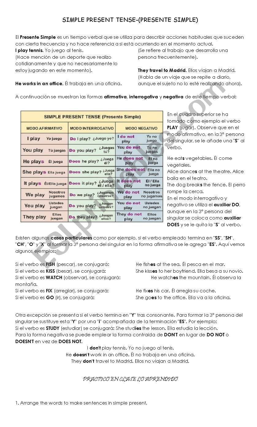 SIMPLE PRESENT HANDOUT worksheet