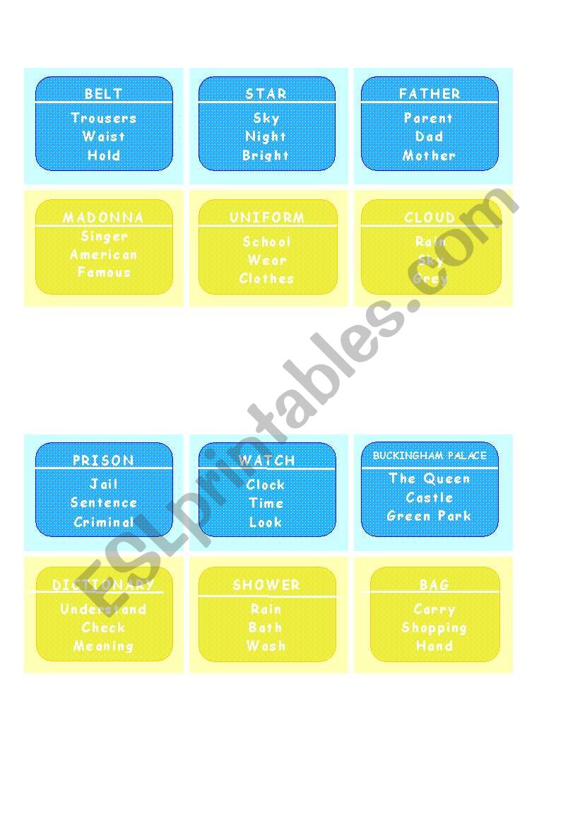 TABOO playing cards  worksheet