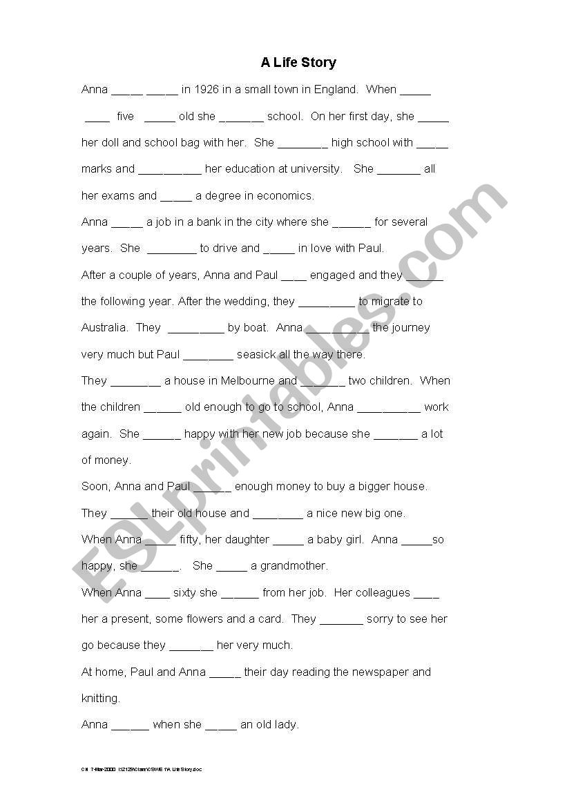 Life Story Cloze worksheet