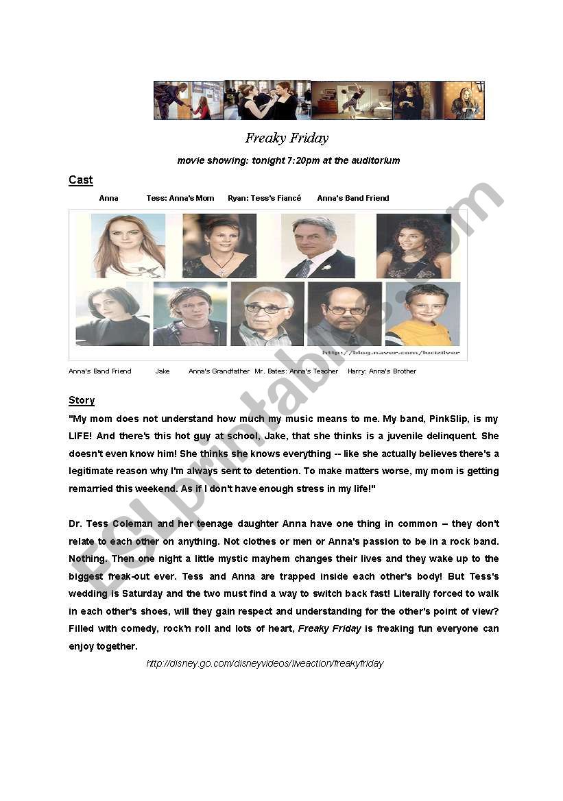 freaky friday_cast and story worksheet