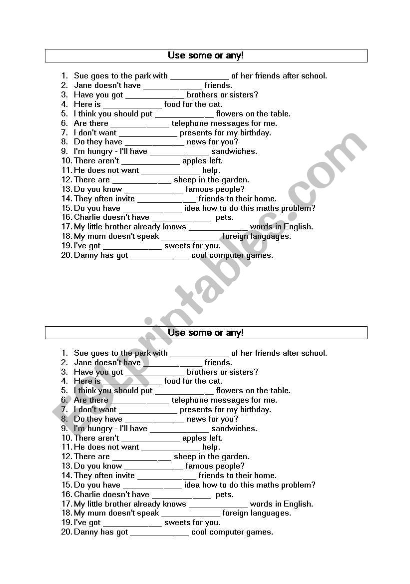 SOme and Any worksheet