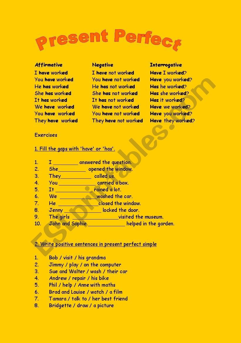 present perfect worksheet