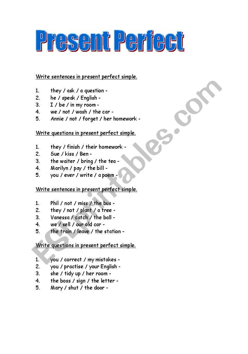 present perfect worksheet