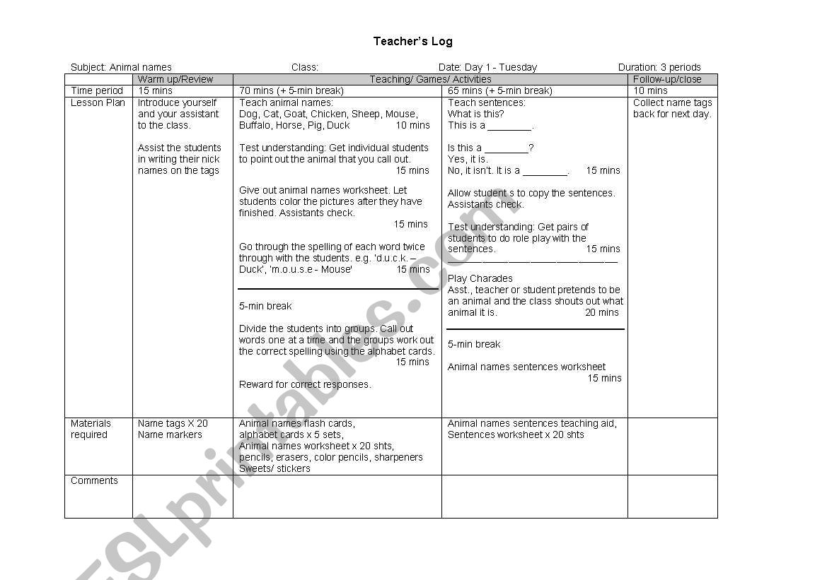 Animal names worksheet