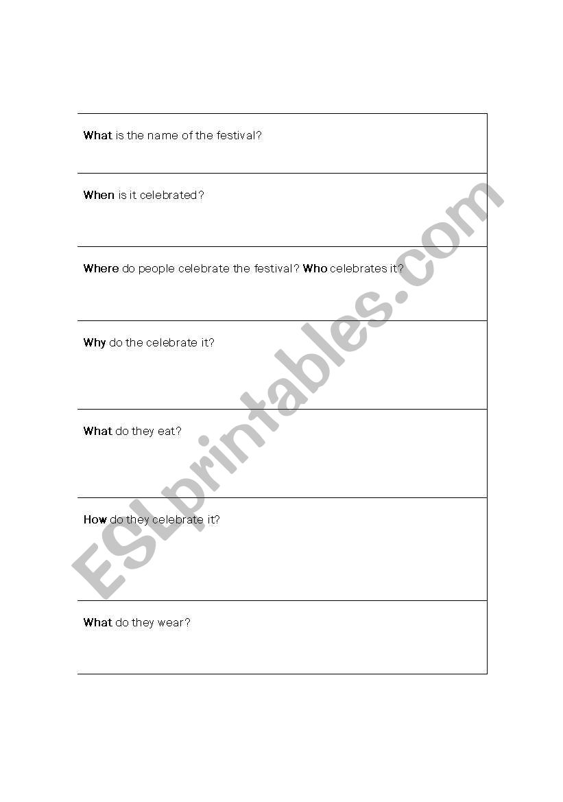 Festivals W Questions worksheet