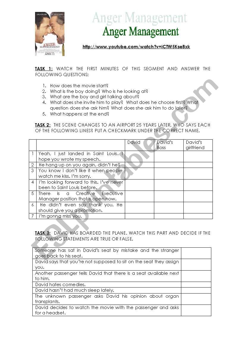 Video Task - Anger Management worksheet