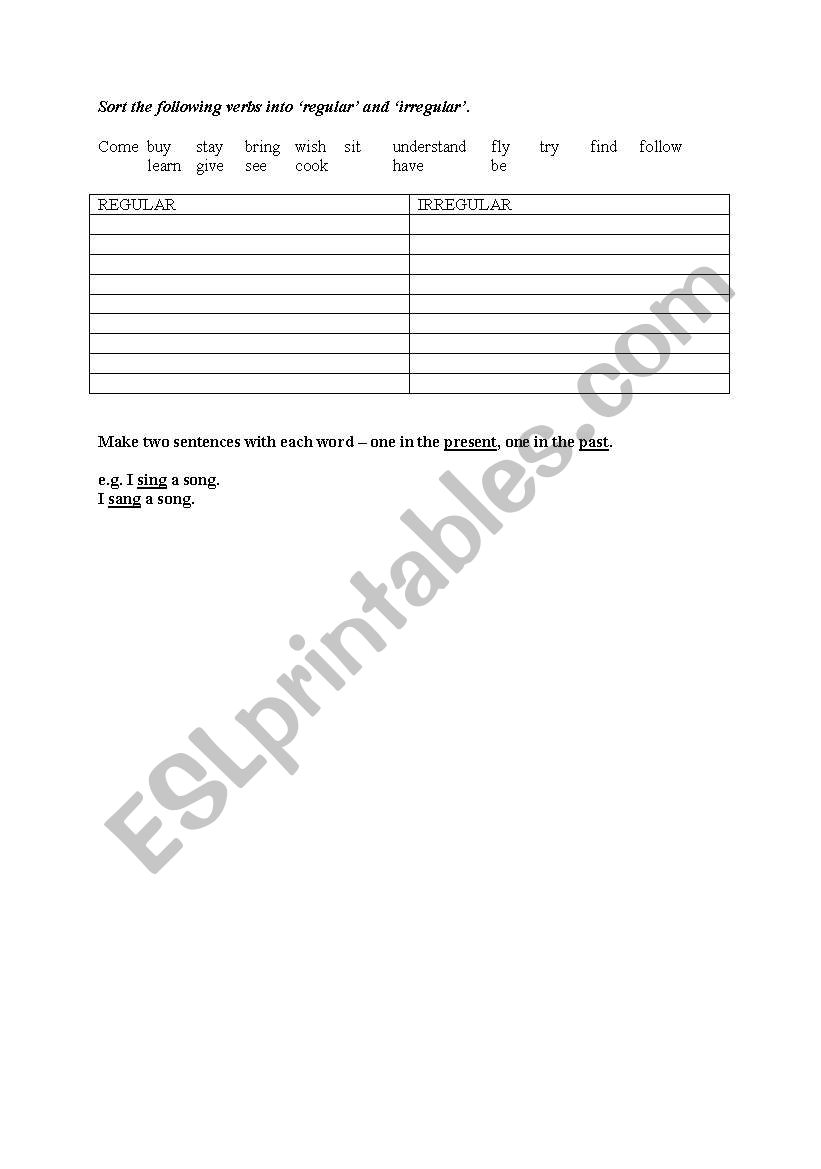 Categorise regular and irregular verbs