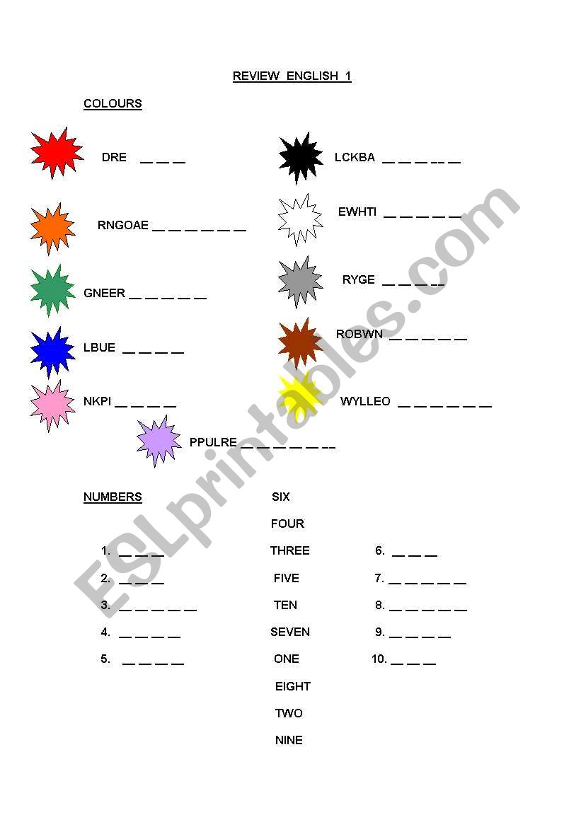 COLOURS AND NUMBERS worksheet