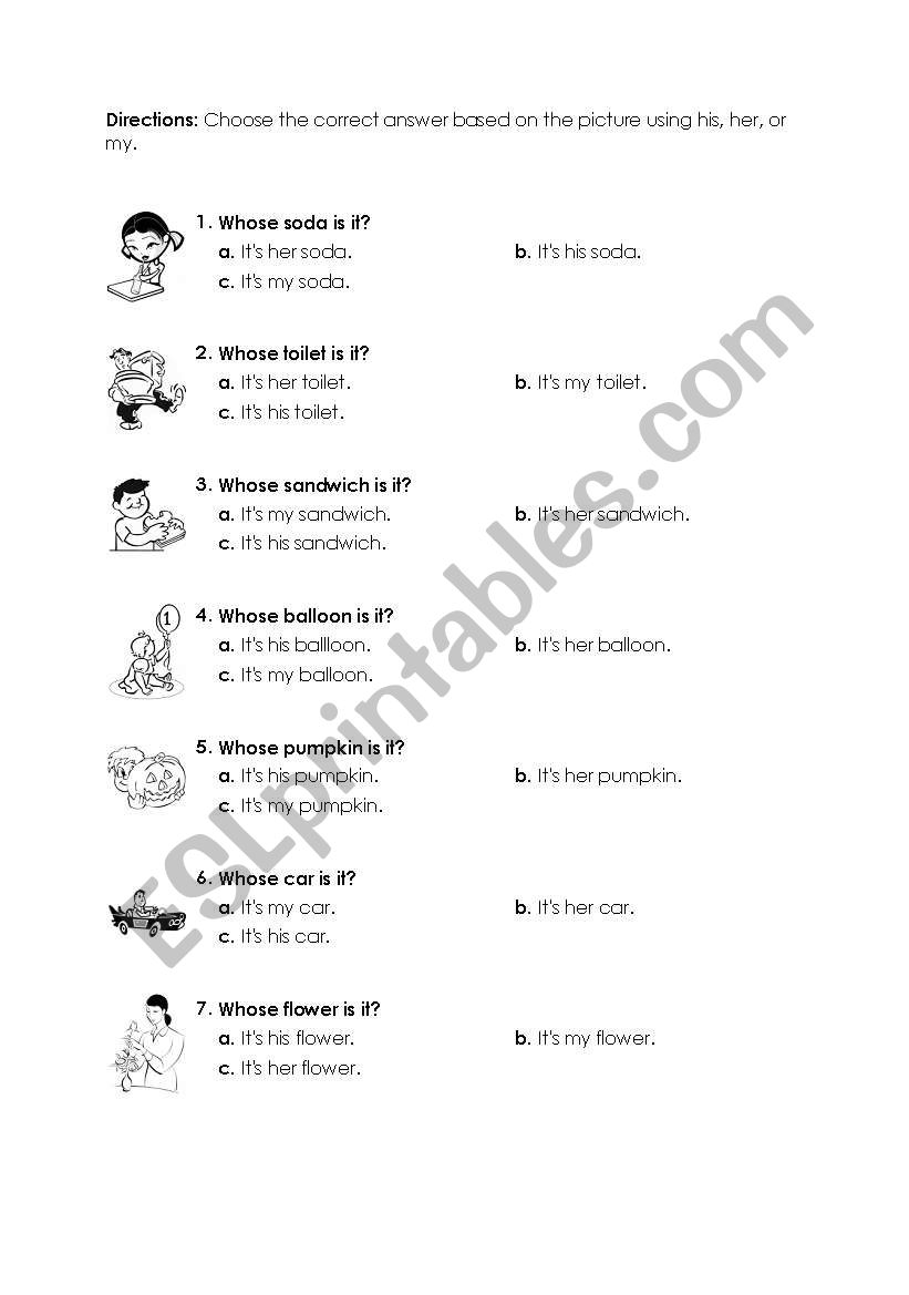 possessives his, her or my worksheet