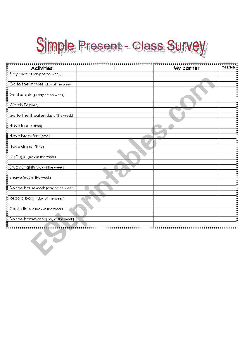 Simple Present - Class Survey worksheet