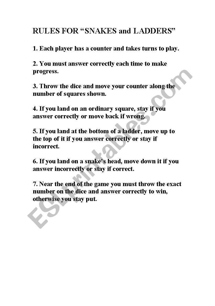 Snakes and Ladders Game Rules worksheet