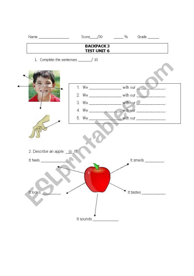 Five Senses - test worksheet