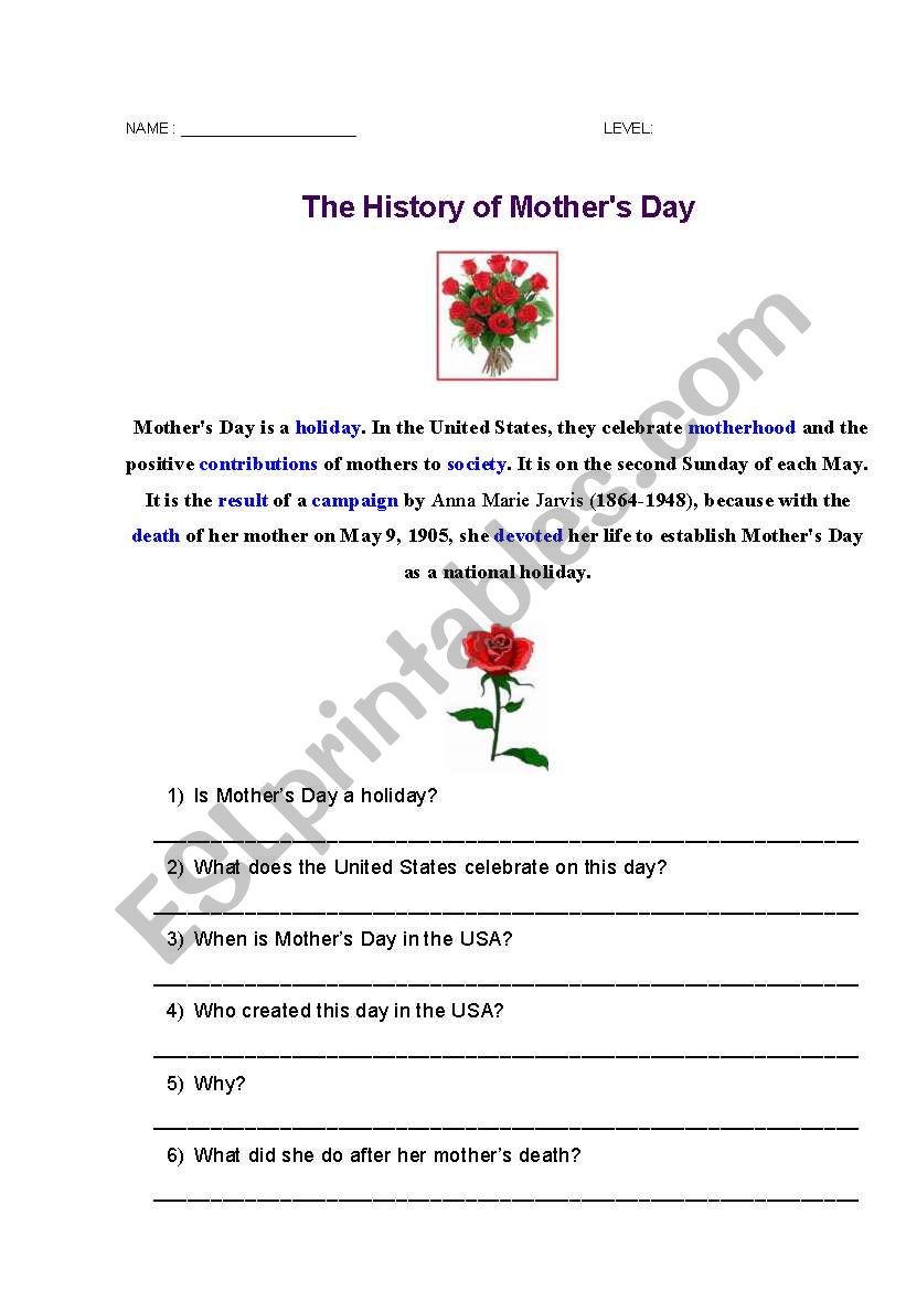 THE HISTORY OF MOTHERS DAY worksheet