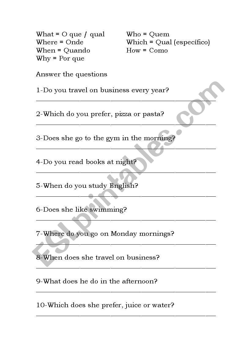 Questions words worksheet