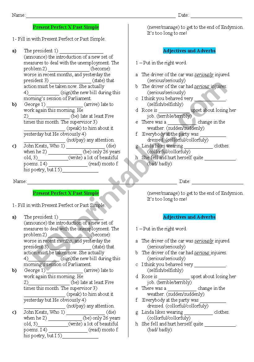 present perfect and adverbs worksheet
