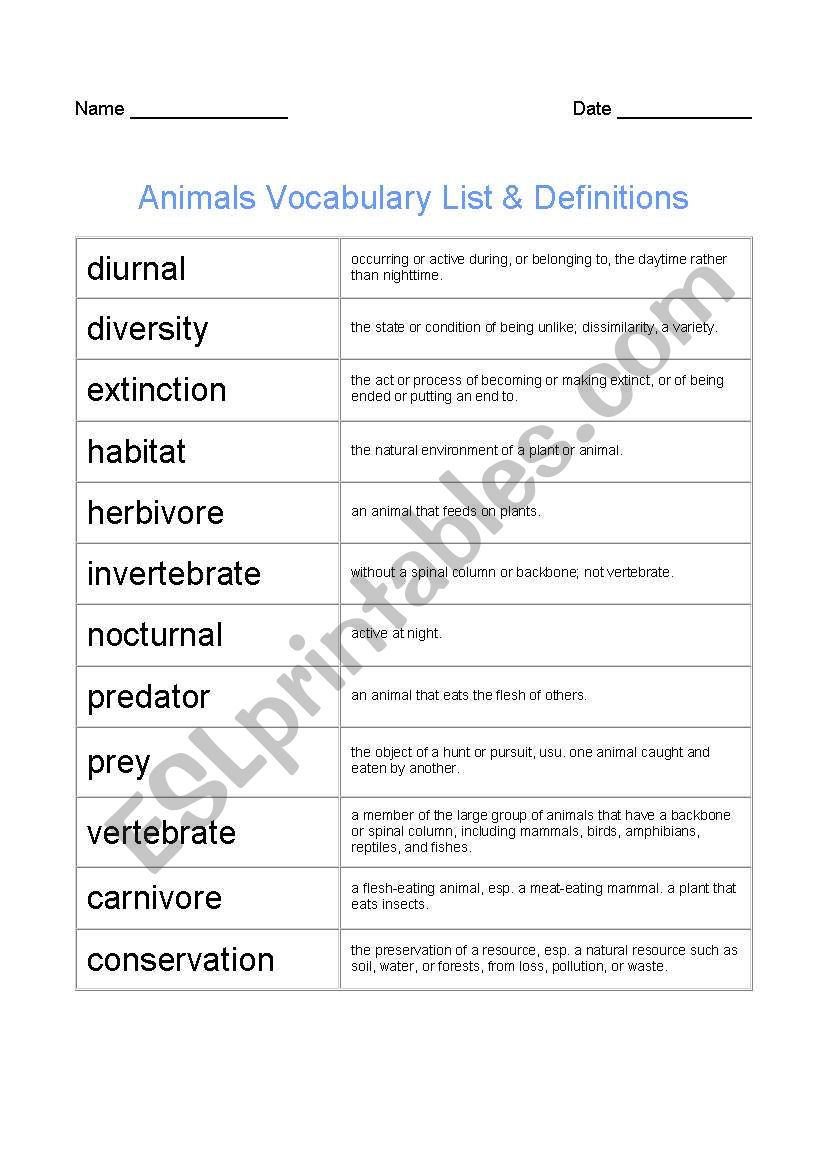 Animals vocabulary list & definition