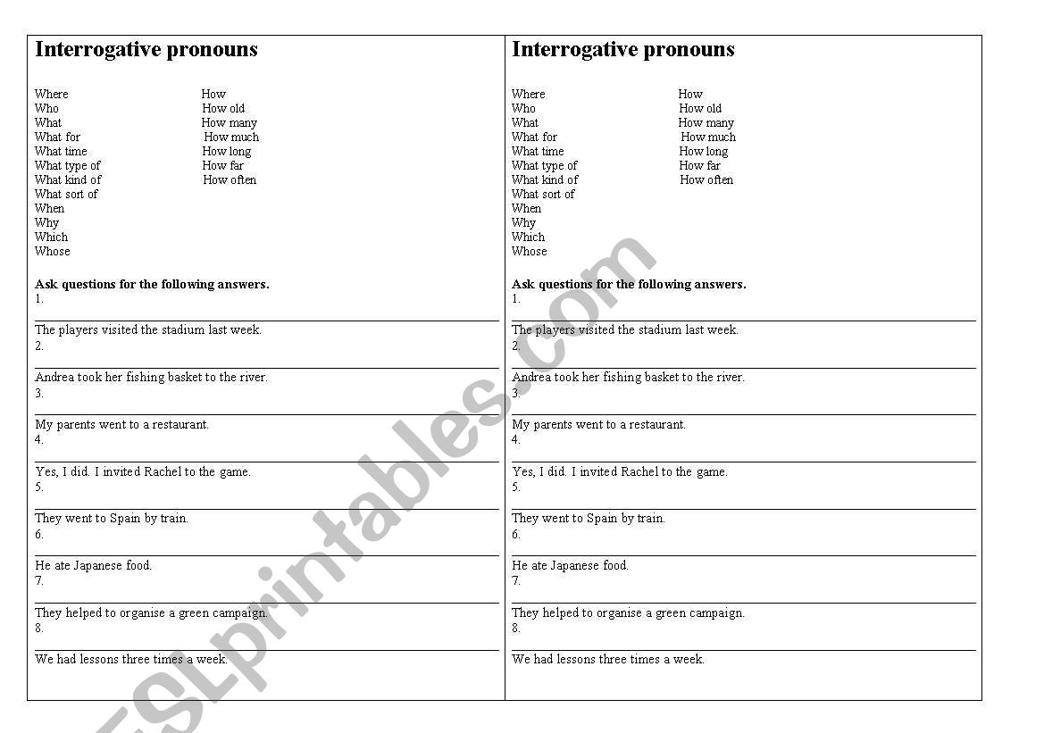 interrogative pronouns worksheet