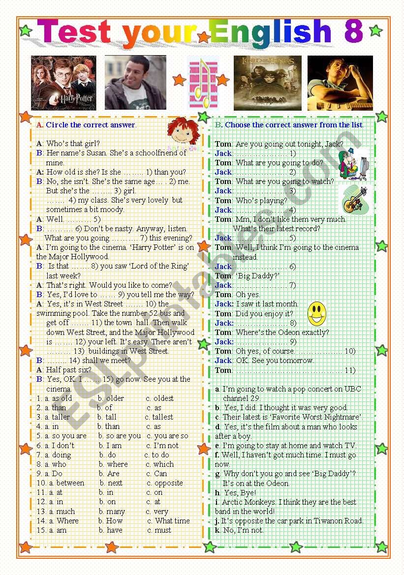 Test your English 8 worksheet