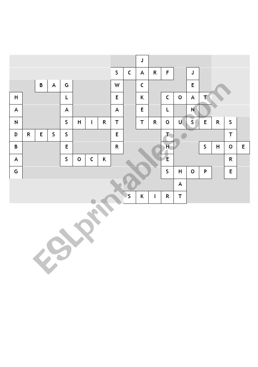 Clothes crossword worksheet