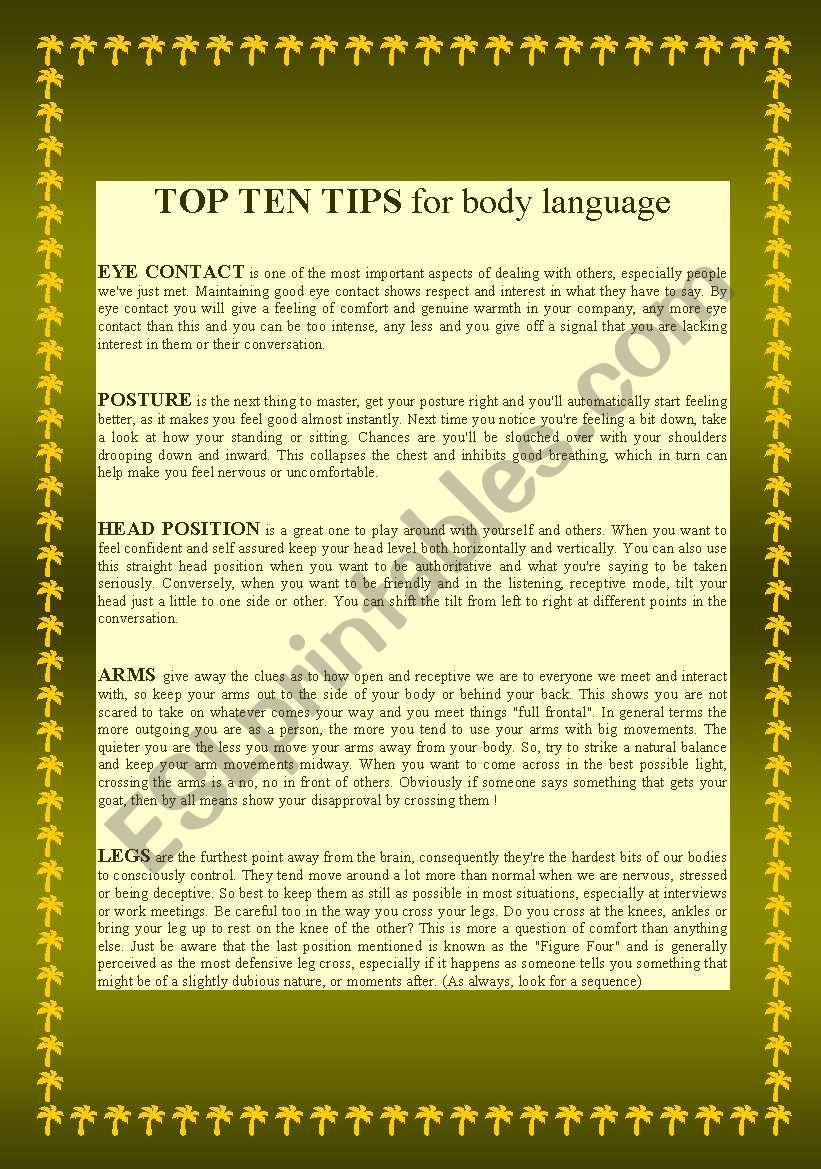 TOP 10 TIPS for body language (2pages)
