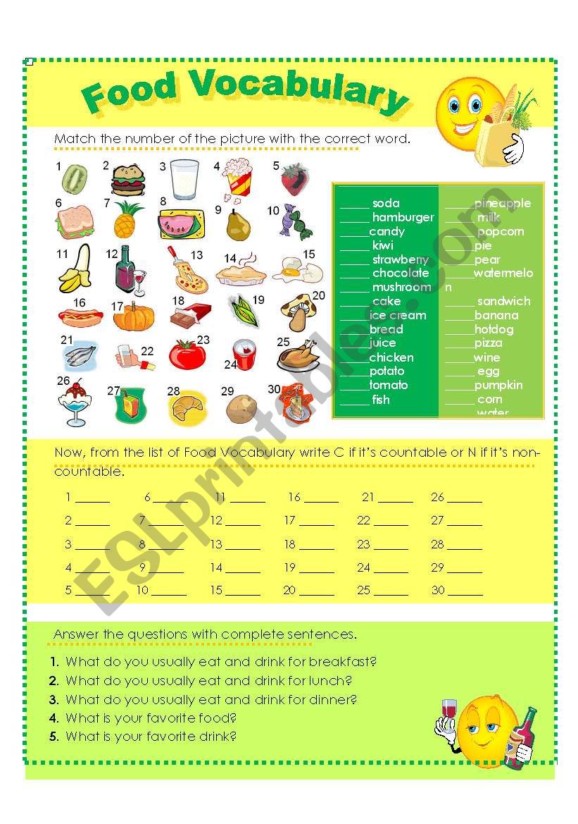 FOOD VOCABULARY - ESL worksheet by Blizh