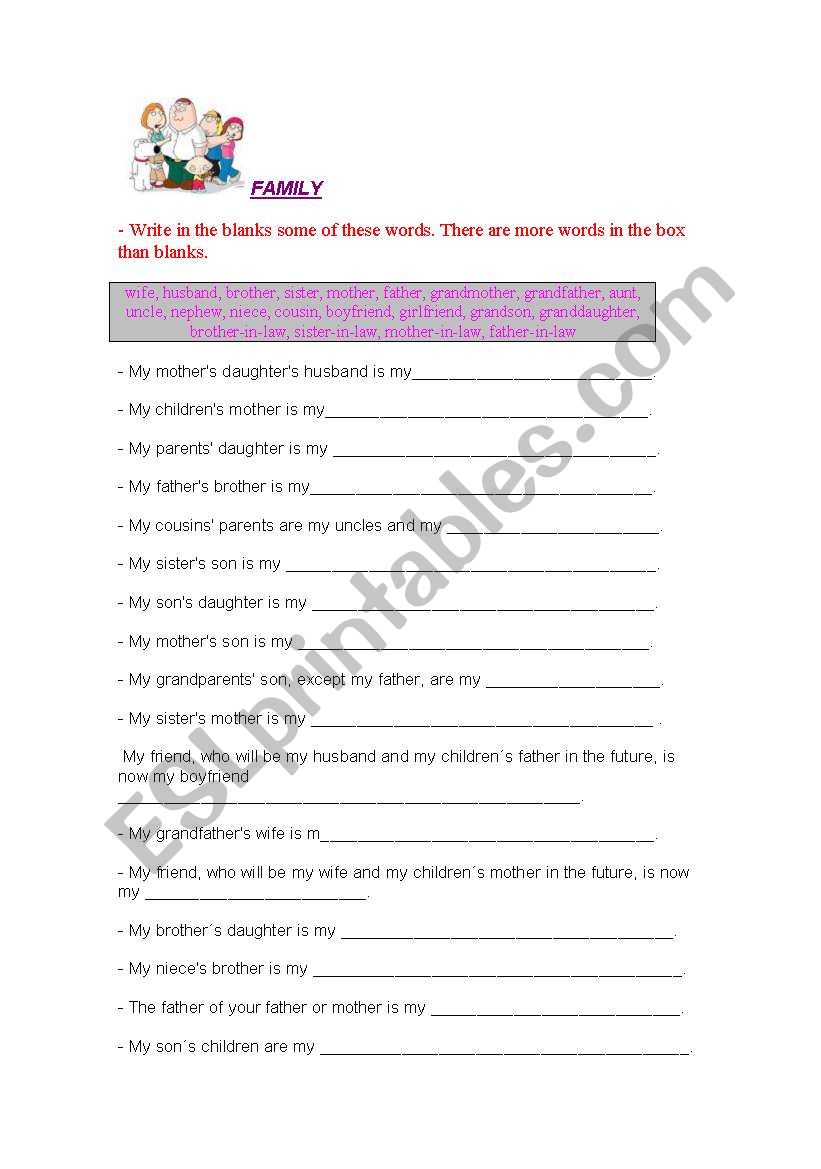 THE FAMILY worksheet