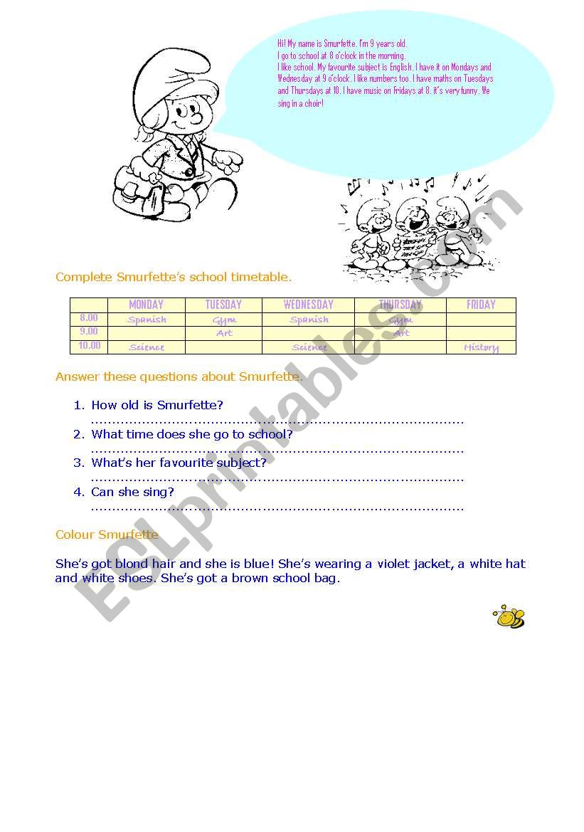 Smurfette timetable worksheet