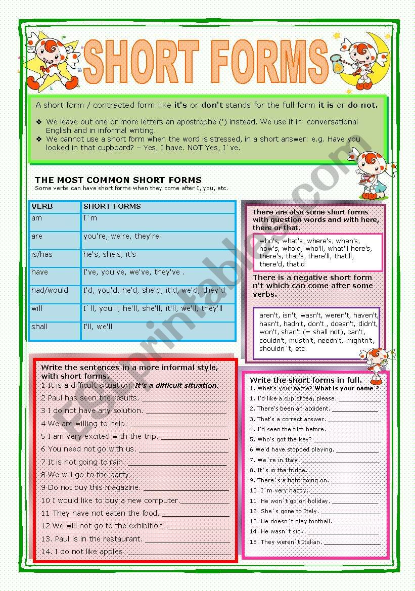 SHORT FORMS worksheet