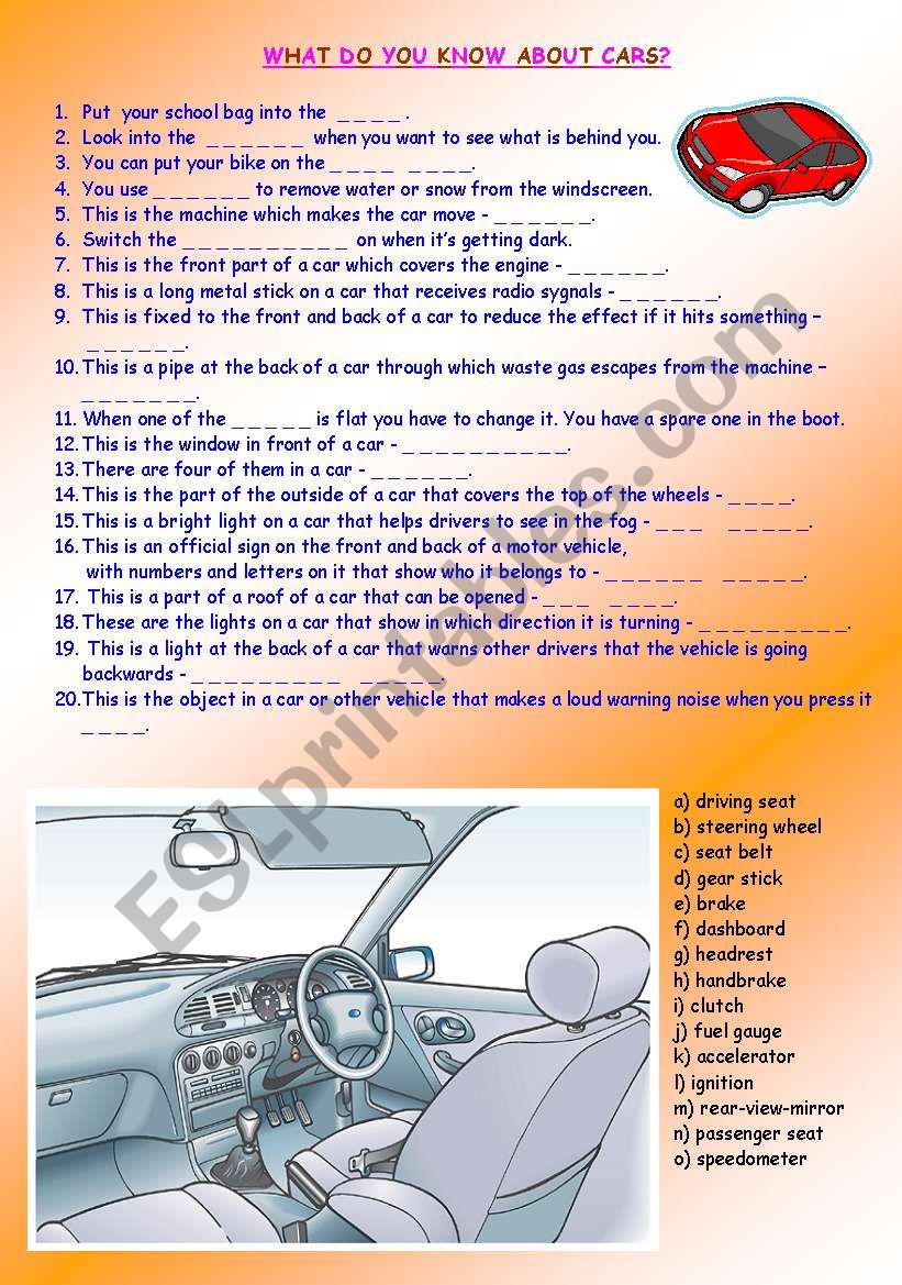 parts of a car worksheet