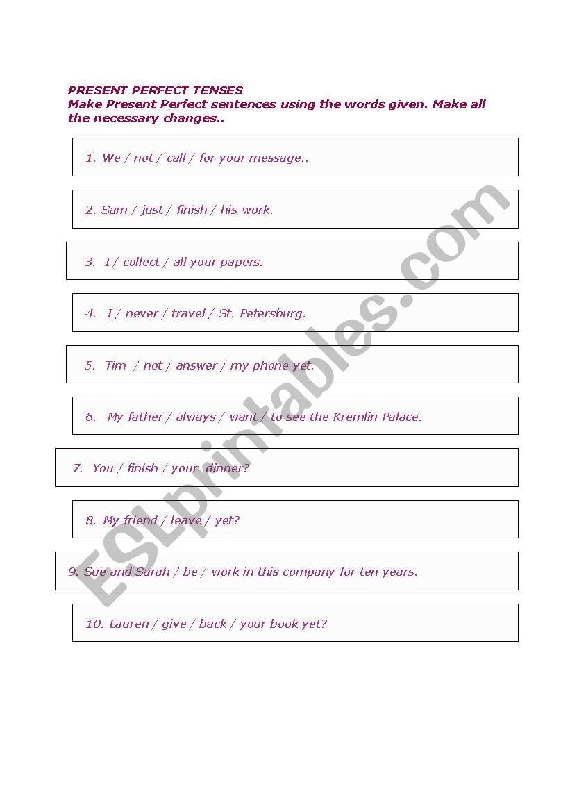 present perfect tenses worksheet