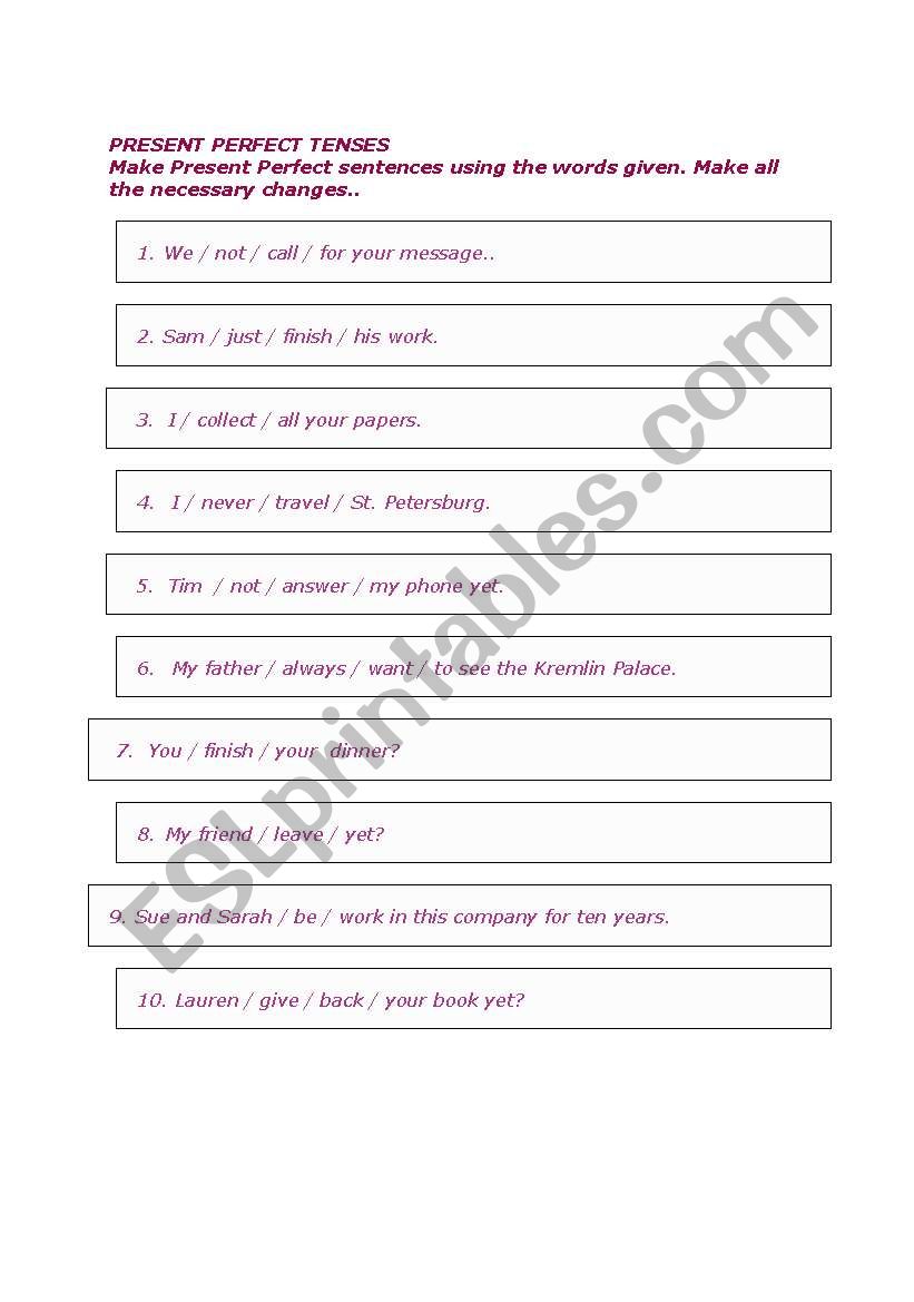 present perfect tenses worksheet