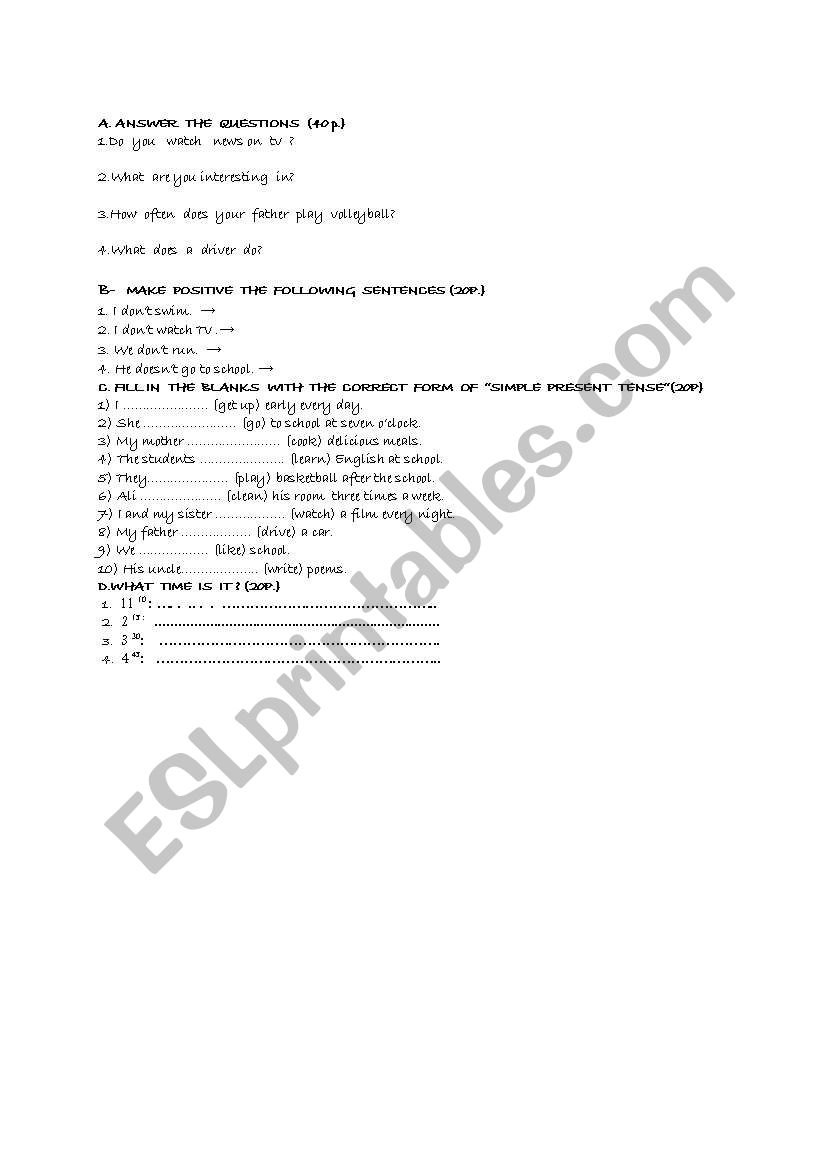present simple, saying time worksheet