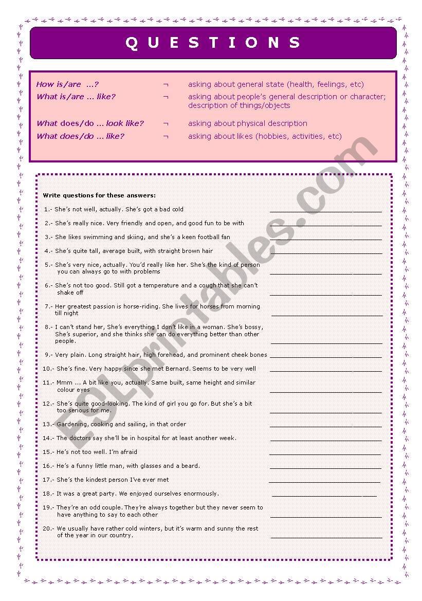 Questions worksheet