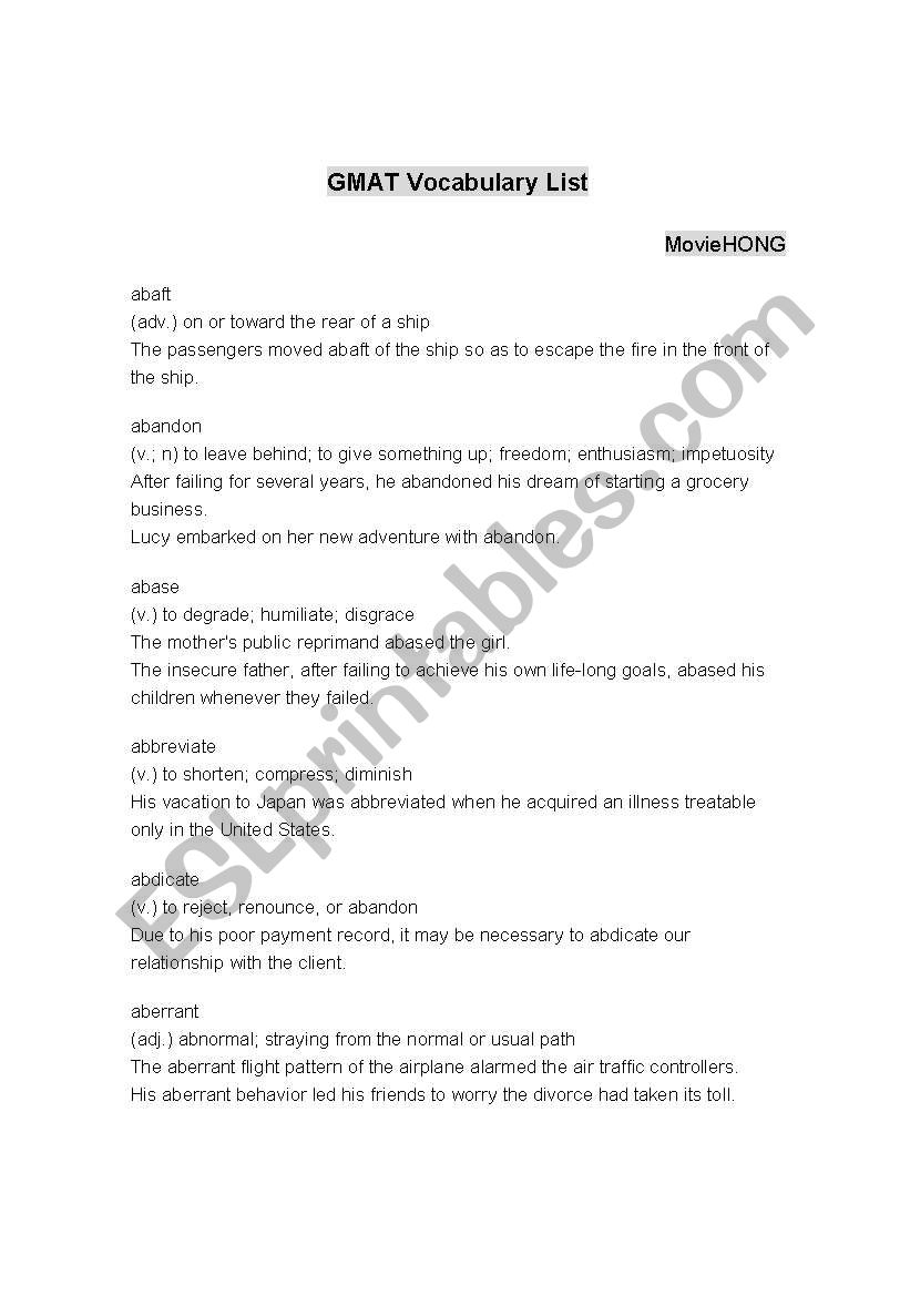 Vocabulary worksheet