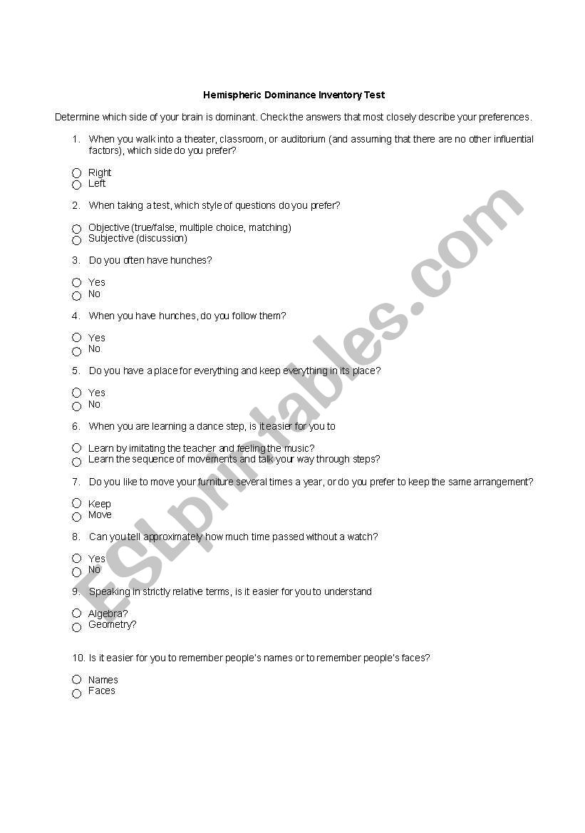 Hemispheric Dominance test (Self-learning)