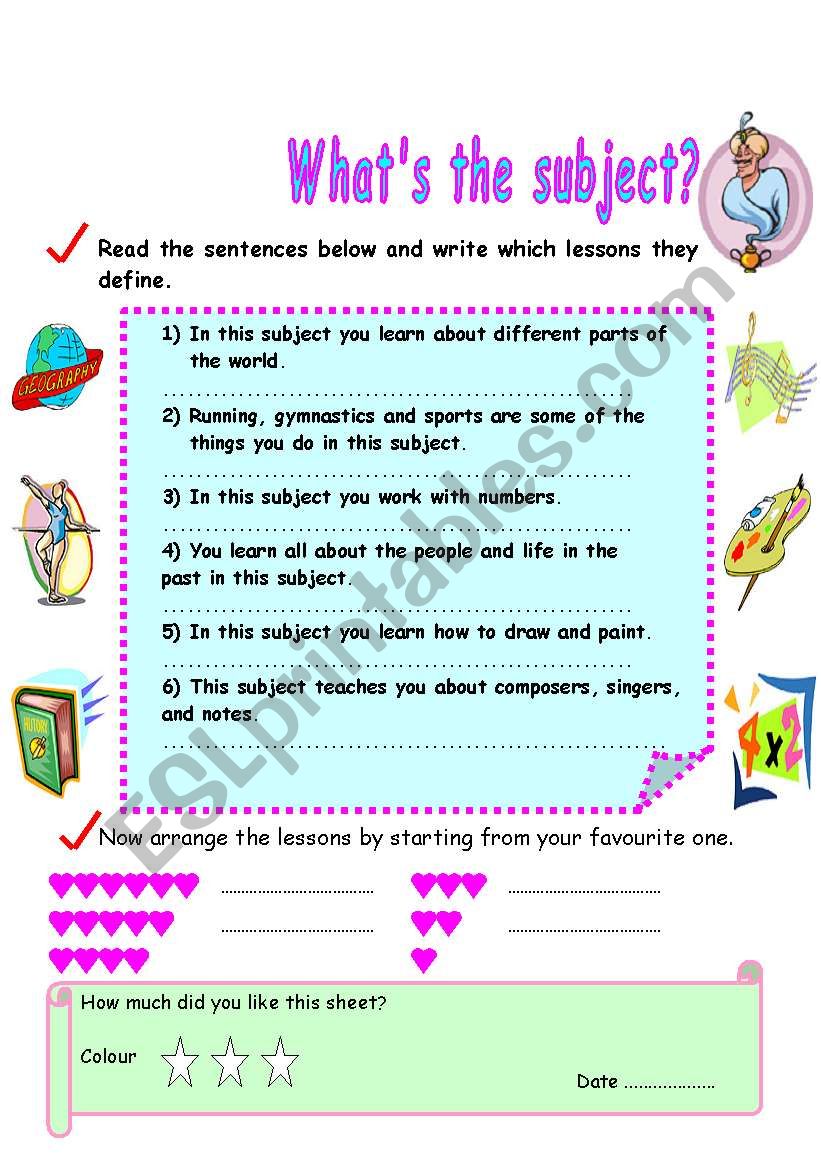 names of the subjects worksheet