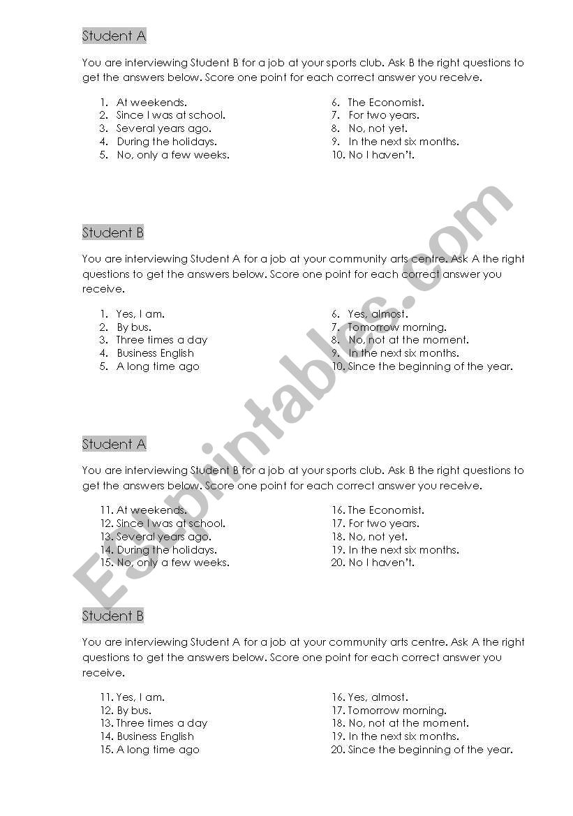 Job interview worksheet