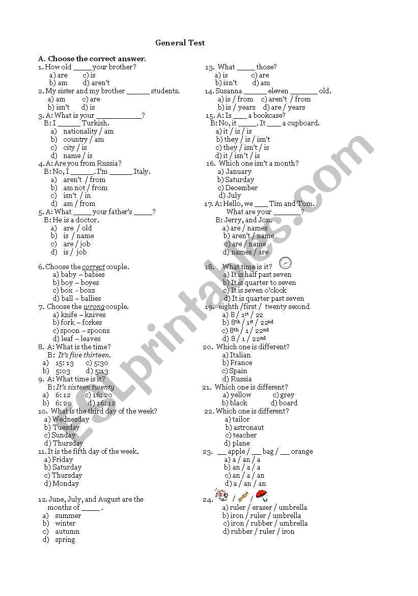 general test for 6th grade worksheet