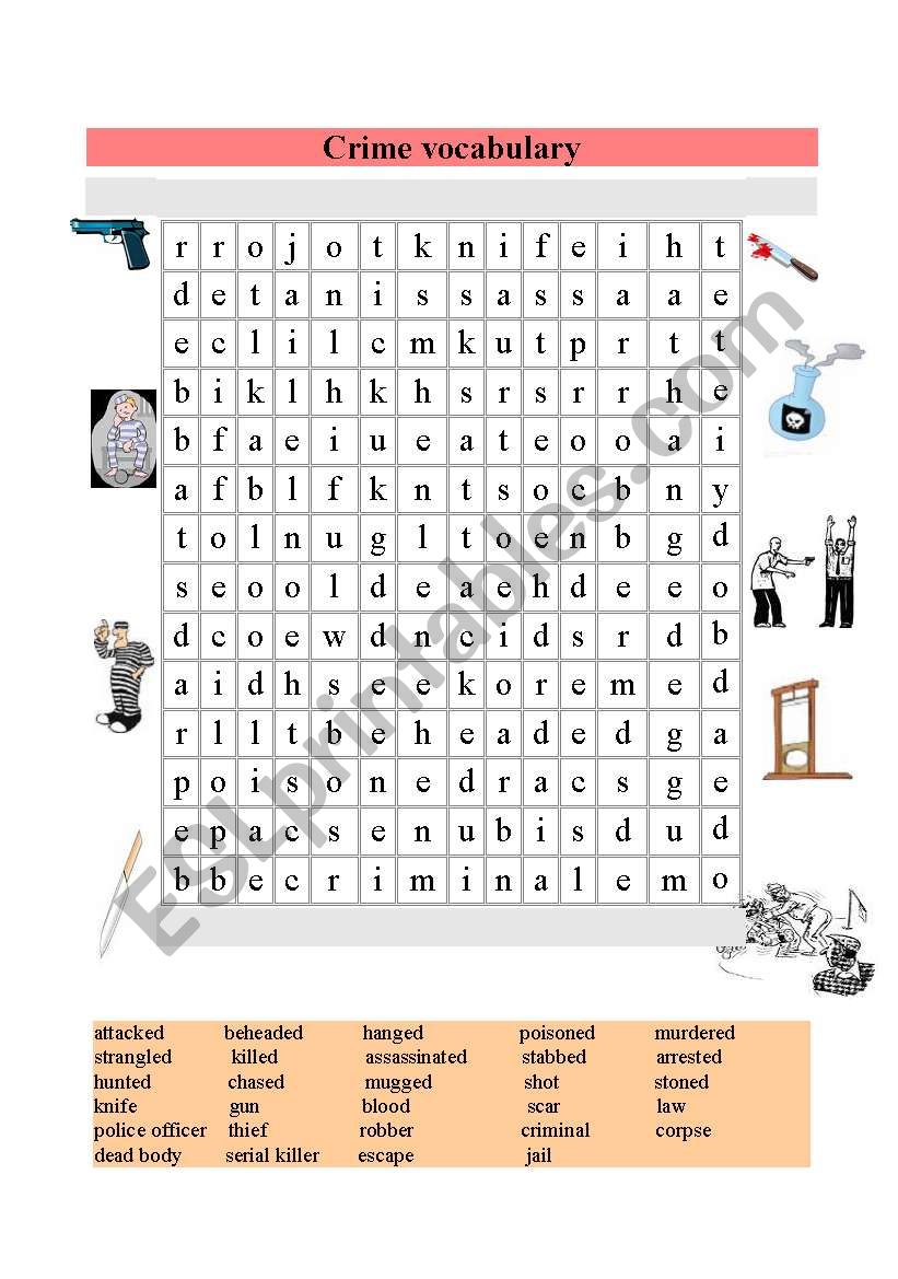 Crime vocabulary wordsearch worksheet