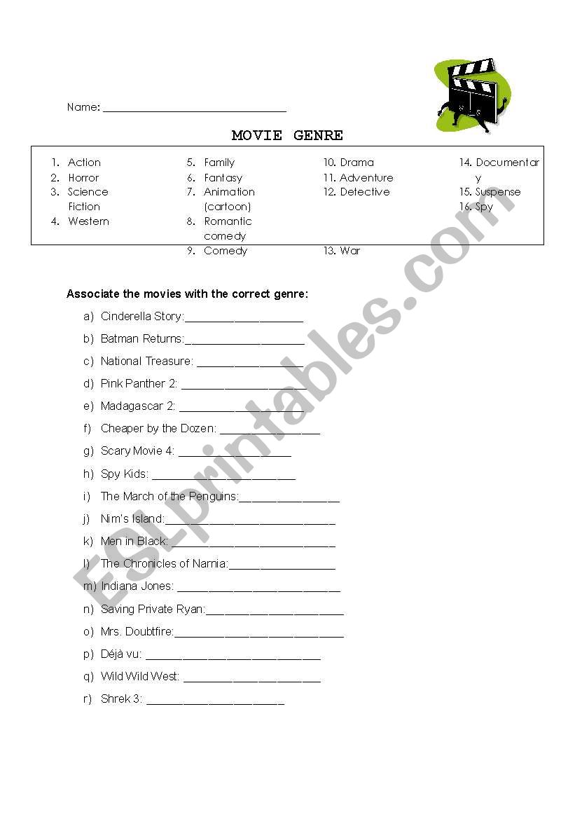 Movie Genres Worksheet worksheet