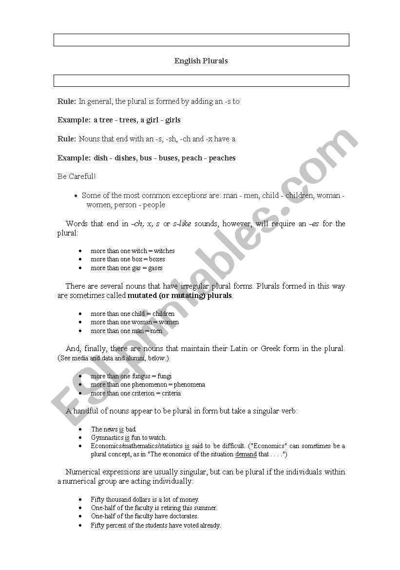 Plurals worksheet