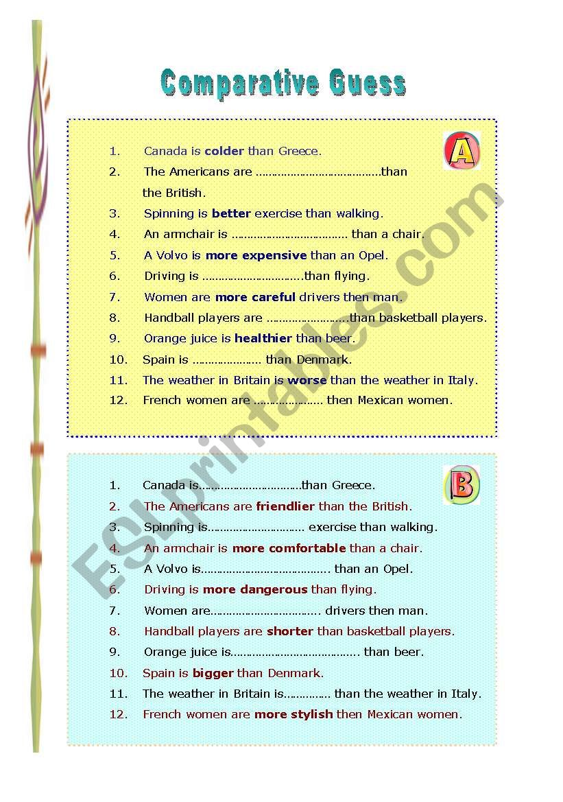 Guess the comparative worksheet