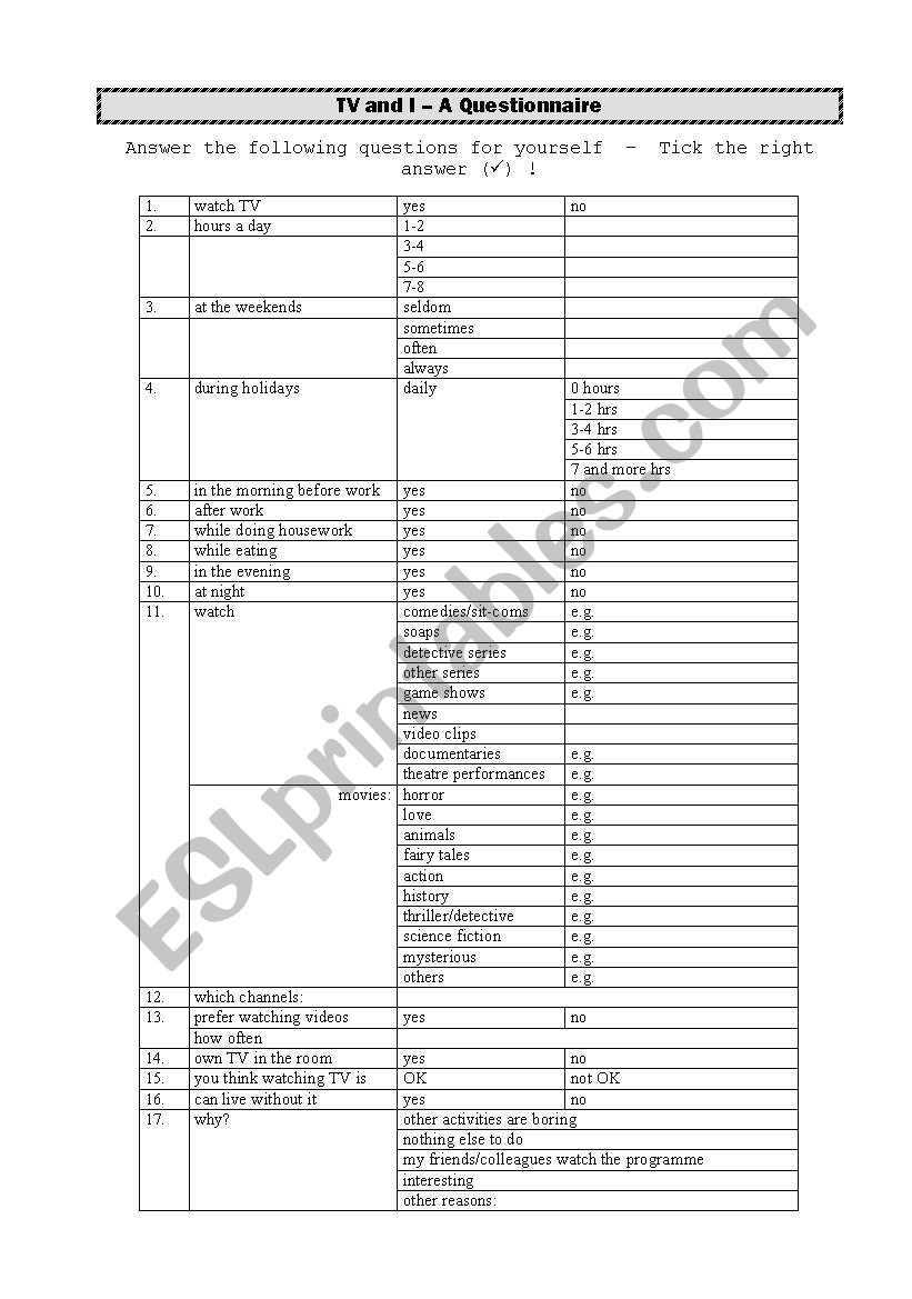 TV and I -a Questionnaire worksheet