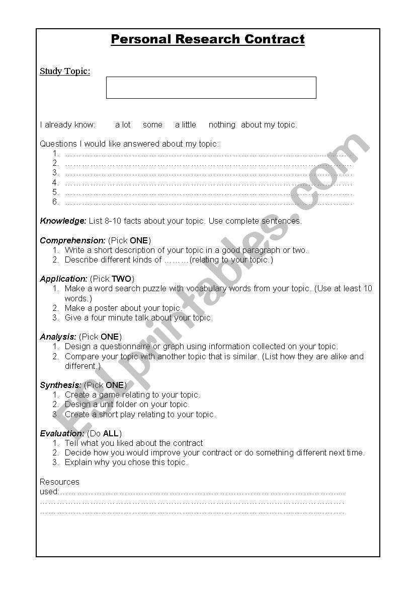Personal Research Contract worksheet